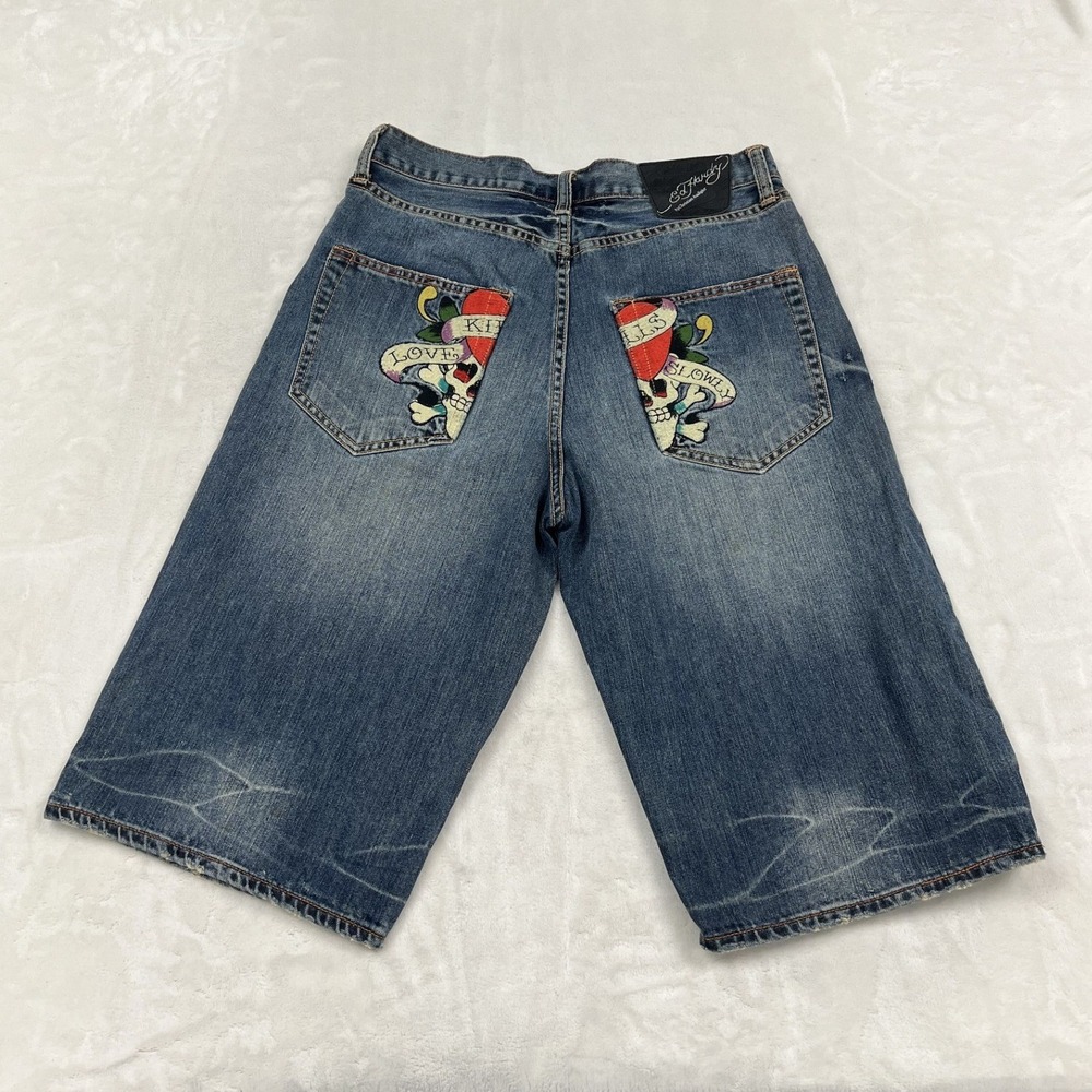 Ed Hardy Denim Shorts Mens 32 Blue Distressed Embroidered Logo Jorts Y2K Skater